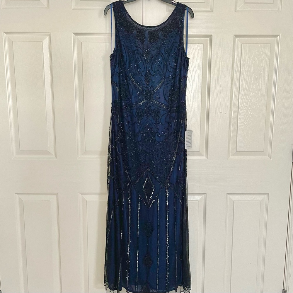 NWT Maxi Sequin Beaded Floor Length Pisarro Nights Navy Gown